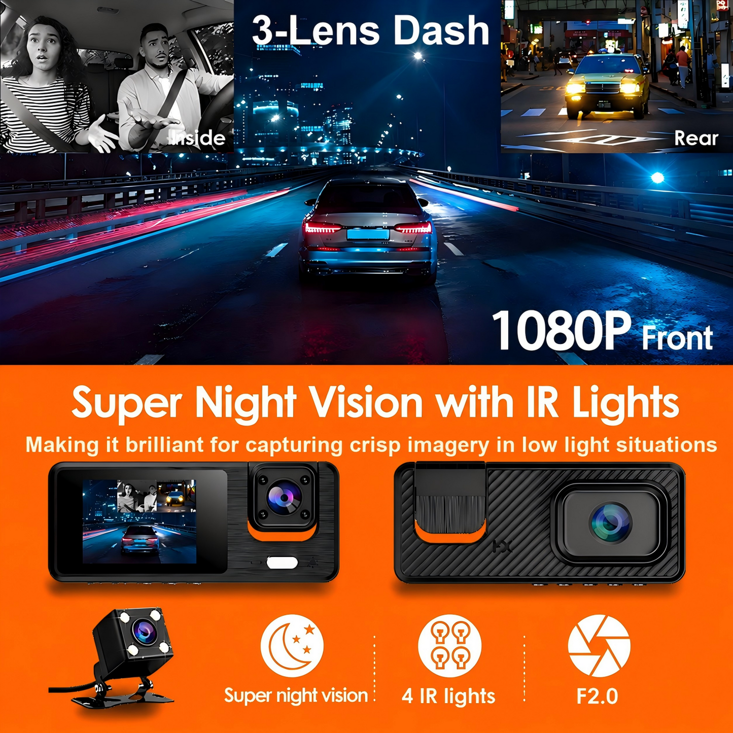BN-LINK 1080P 3-Lens Dash Cam Front and Rear, Free 32GB Card Included, WiFi Dash Camera for Cars, 170°Wide Angle, Super Night Vision, Loop Recording, G-Sensor, 24-Hour Parking Monitor