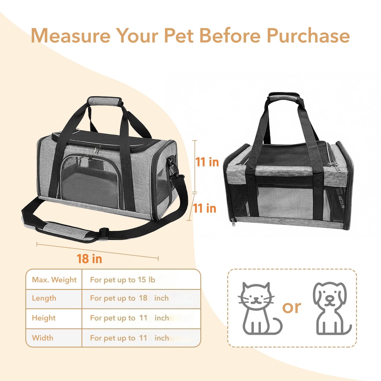 Behome Cat Carrier, Airline Approved, Collapsible Travel Pet Carrier for Small Cats & Dogs, Travel Bag with Adequate Ventilation & Removable Fleece Pad, Grey
