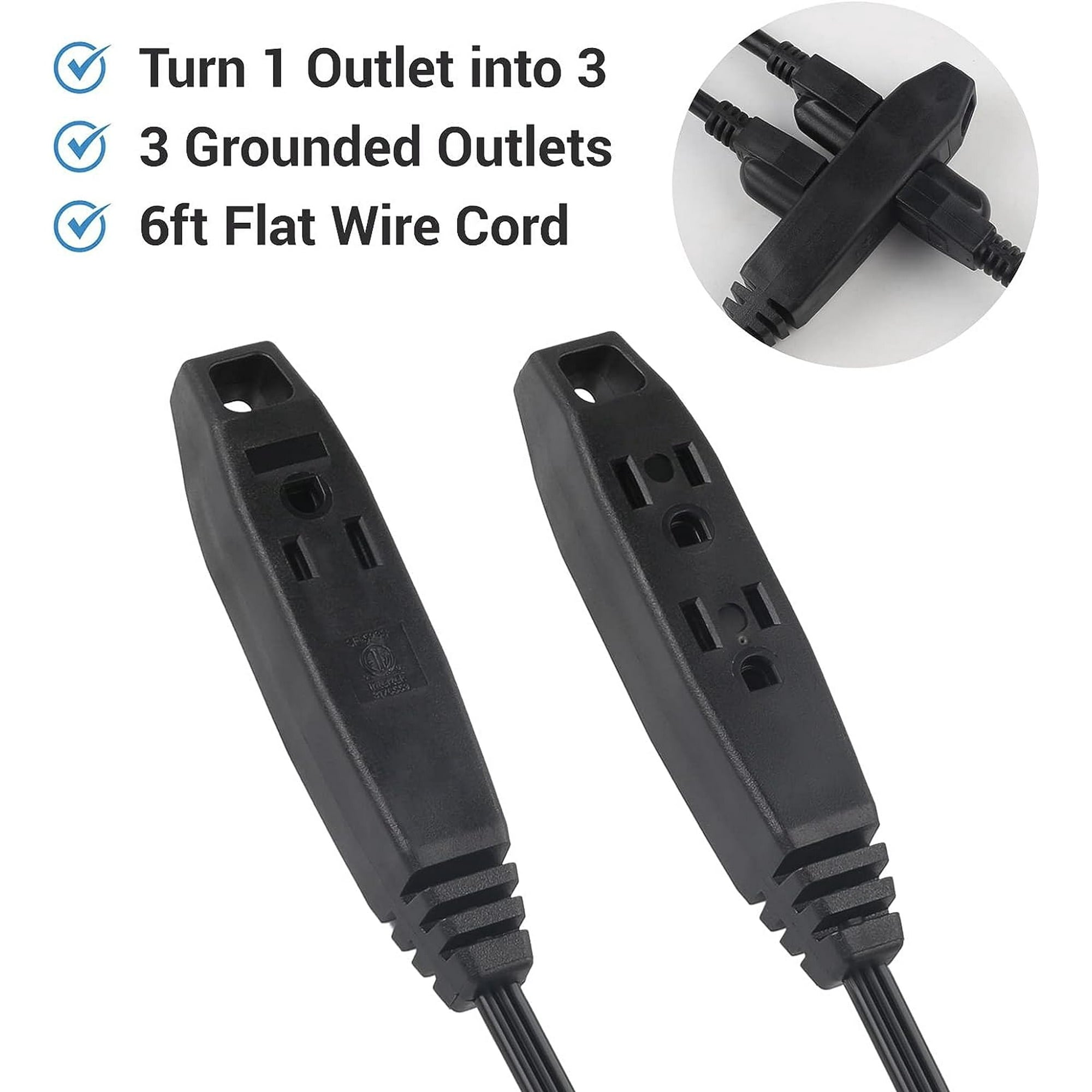 Clear Power 2-Pack 6 ft Indoor Extension Cord 3 Grounded Outlets 16/3 SPT-2, 3 Prong Low-Profile Flat Plug, Black