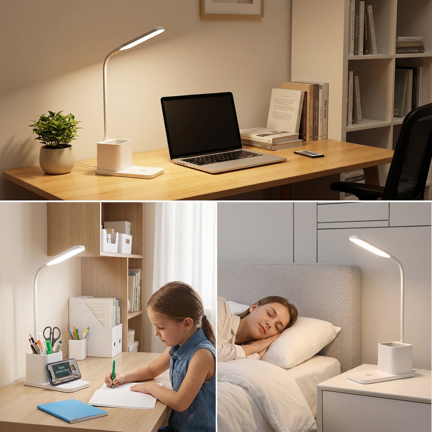 Behome LED Desk Lamp with Wireless Charger & Pen Holder, Eye-Caring 3-Color Dimmable Table Lamp, Flexible Gooseneck Desk light for Home Office School, White