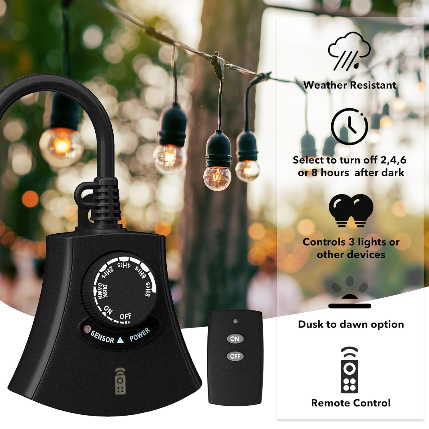 HBN Outdoor Light Timer Waterproof, Weatherproof Photocell Dusk to Dawn Light Sensor Timer with Remote Control, 2/4/6/8 Countdown Timer, 3 Grounded Outlet for Christmas Lights，1875W 15A 1/2HP