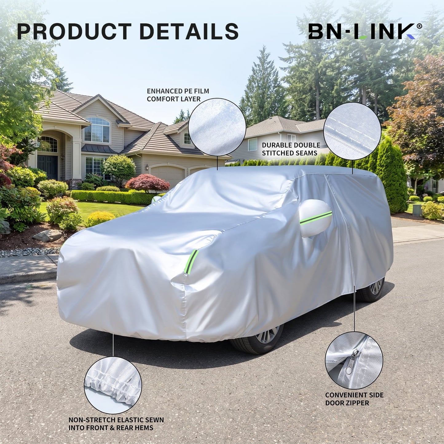 BN-LINK 2-Layer Car Cover Waterproof All Weather, Car Covers for Automobiles with Reflective Strips & Side Zipper, Sun Wind Rain Snow UV Protection Full Exterior Covers for SUV