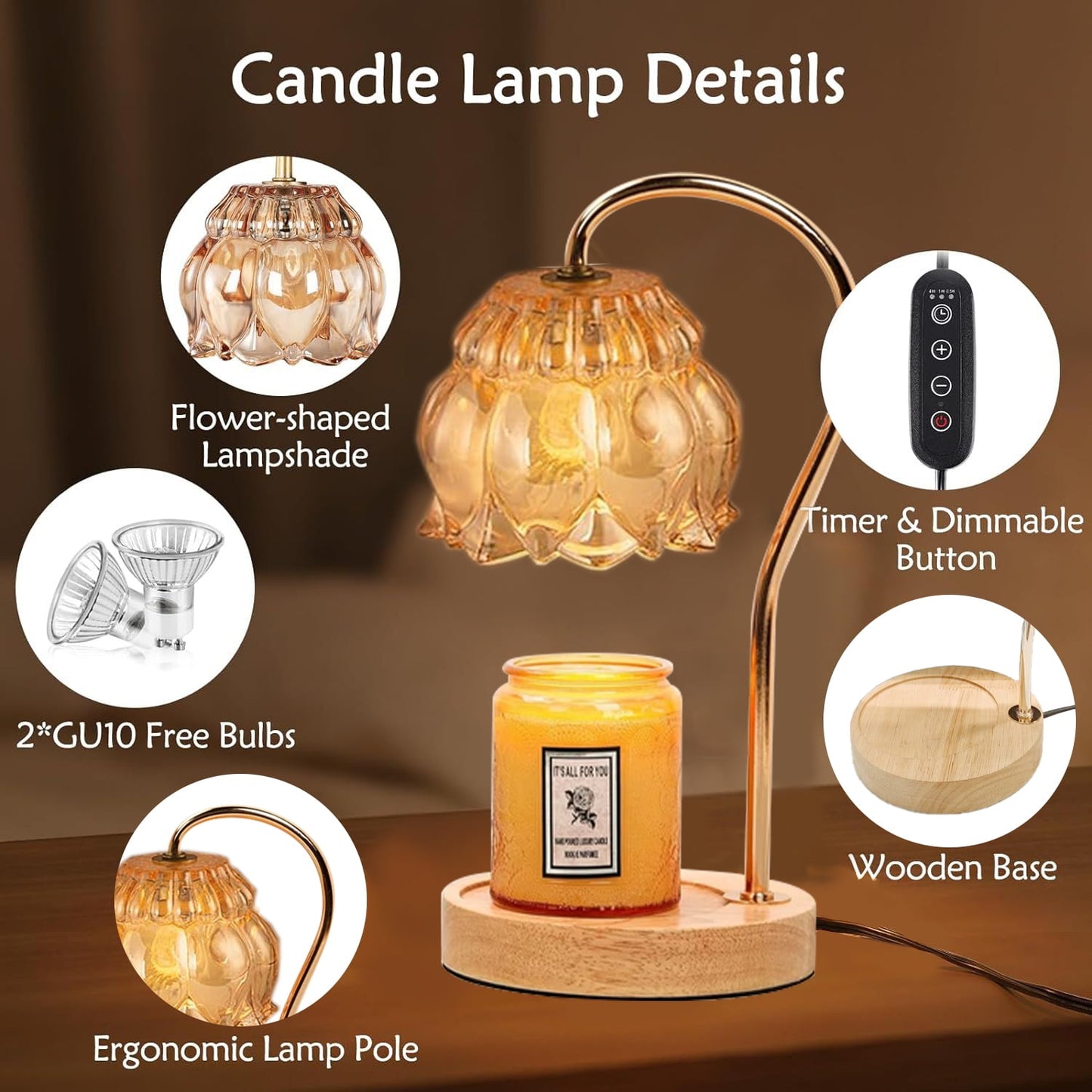 BN-LINK Fragrance Candle Warmer Lamp, Electric Flower Candle Warmer with Timer & Dimmer, Home Decor Wax Melt Warmer with 2 Bulbs, Gifts for Mom Women Friend Sister, Champagne
