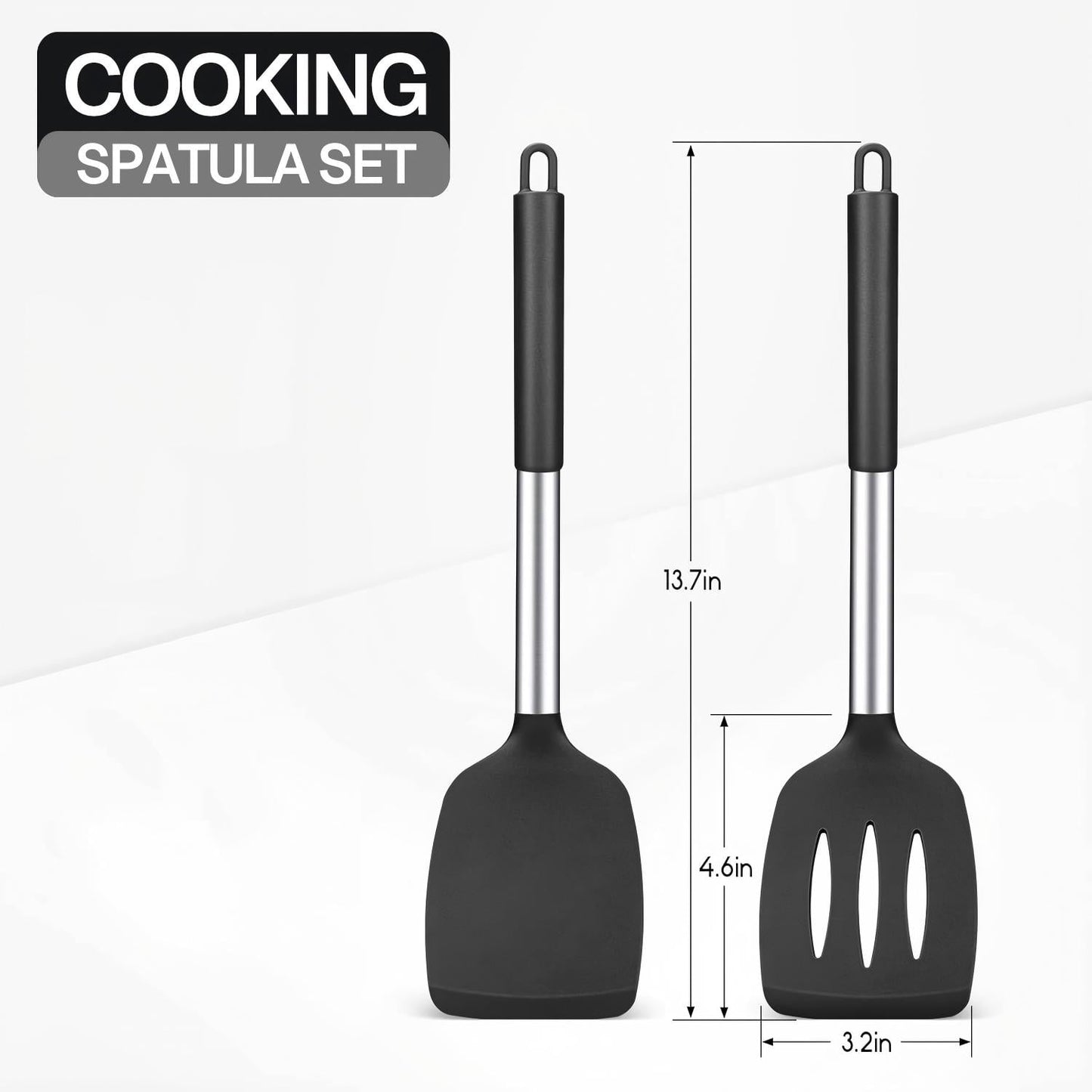 Behome 2 Pack Spatulas, Non Stick Turners with Silicone Handle, High Heat Resistant BPA Free Cooking Utensils, for Fish, Eggs, Pancakes(Black)