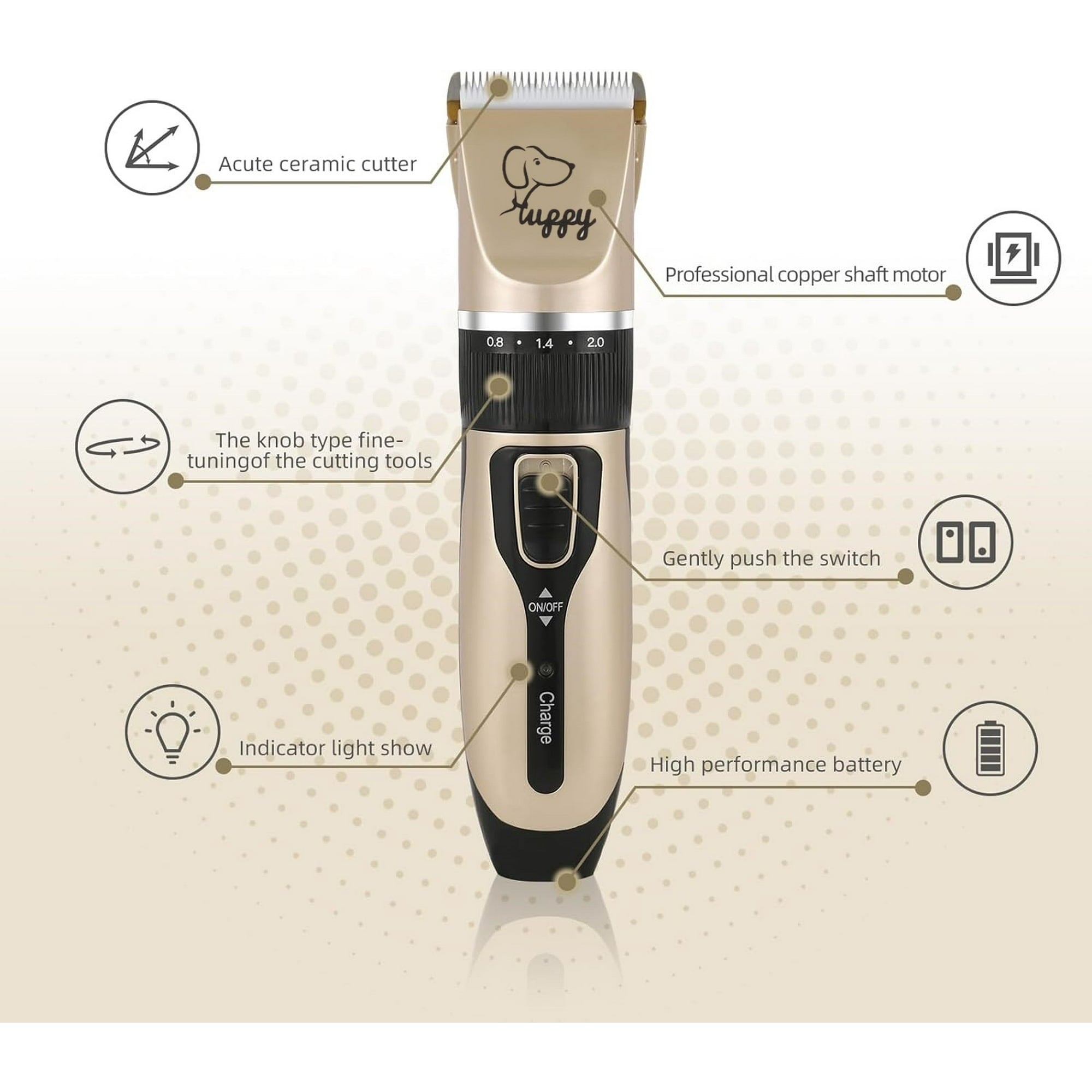 BN-LINK Dog Grooming Kit Clippers, Low Noise Rechargeable Electric Pet Hair Thick Coats Clippers Trimmers Set, Suitable for Dogs, Cats, and Other Pets (Gold)