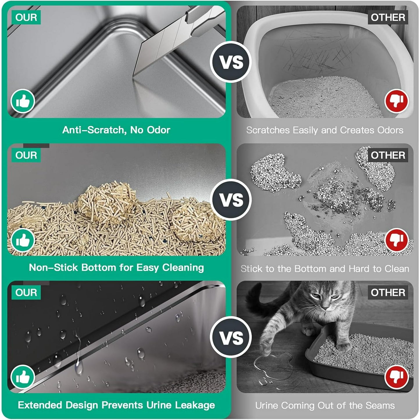 BN-LINK Stainless Steel Cat Litter Box with Scoop, XL Extra Large Litter Box for Big Cats, Metal Litter Box High Sided, Anti-Leakage, Non-Sticky, Easy Cleaning
