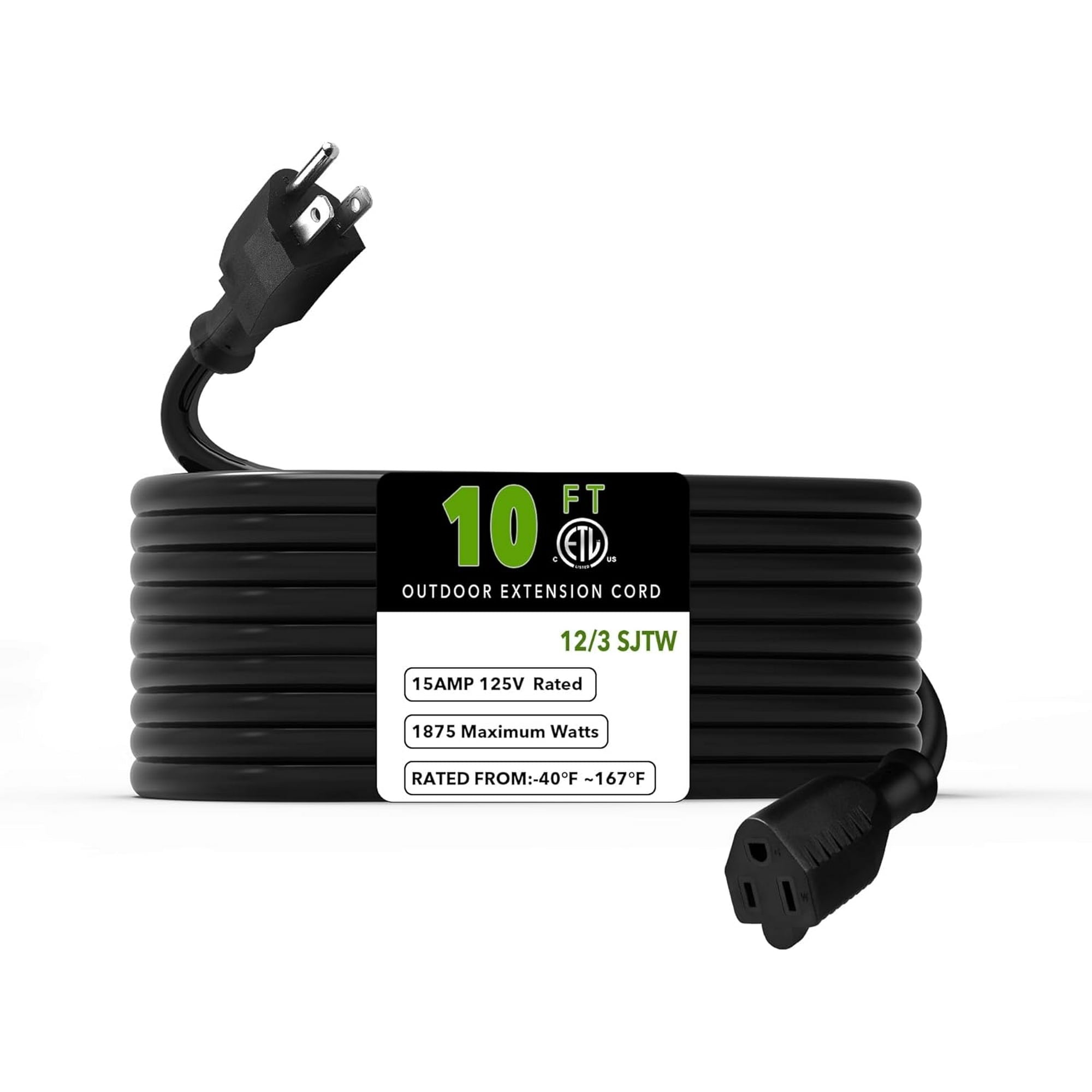 BN-LINK 10ft Outdoor Extension Cord, 12/3 SJTW Heavy Duty Power Cord, 3-Prong Grounded Plug, Weather Resistant, 15A, 1875W, Black, for Lawn, Garden, Appliances, ETL Listed