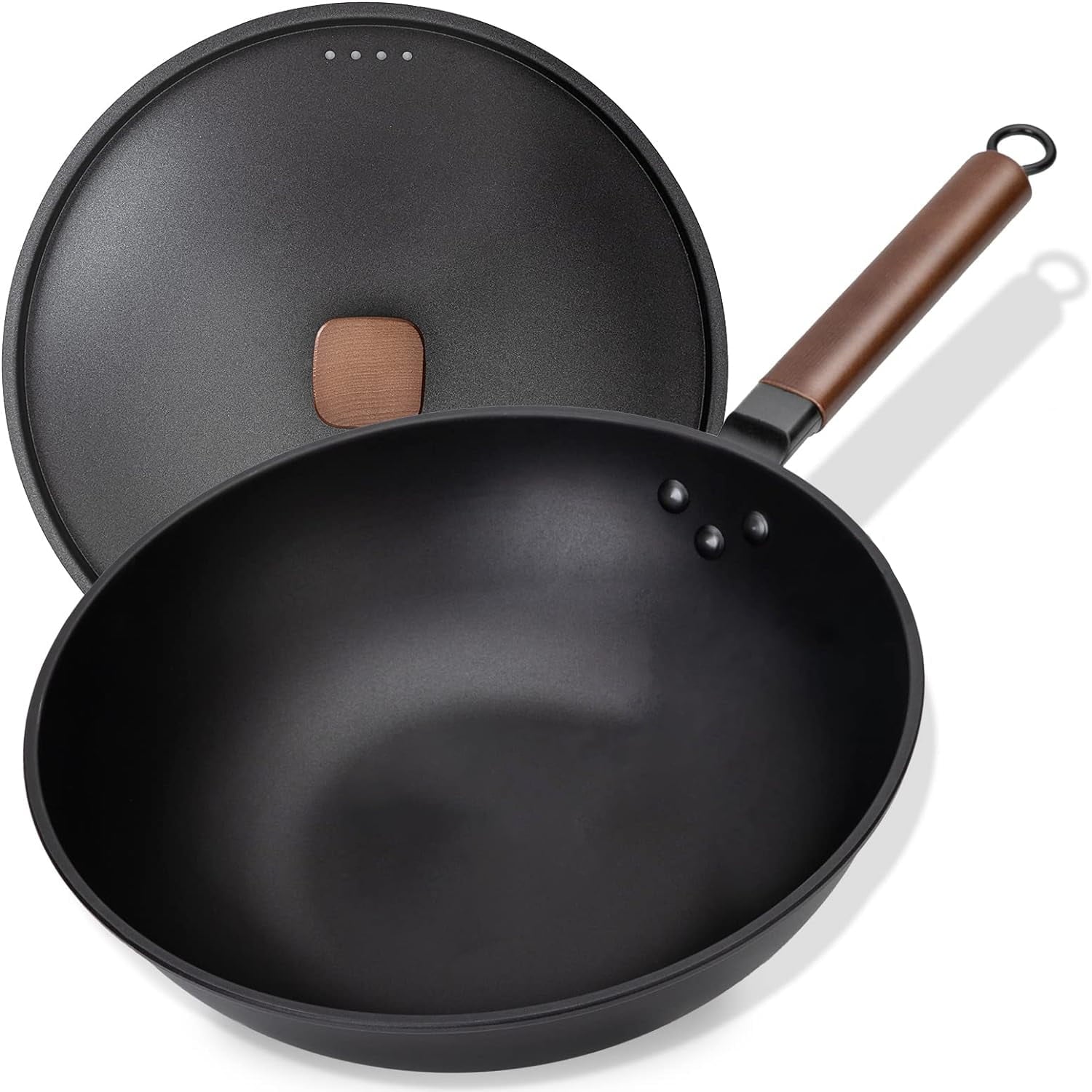 BN-LINK 12.5" Iron Wok Pan, Non-Stick Fry Pan With Domed Lid, No Chemical Coated, Flat Bottom Wok for Electric, Induction, Gas Stoves