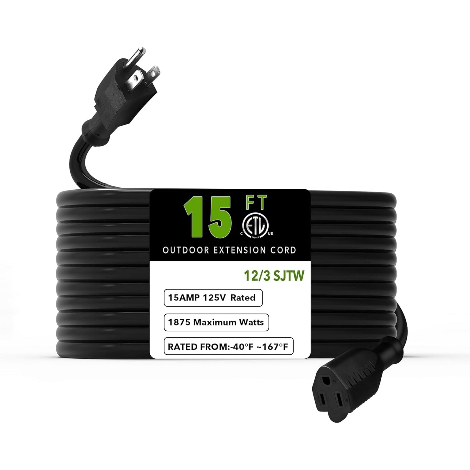 BN-LINK 15ft Outdoor Extension Cord, 12/3 SJTW Heavy Duty Power Cord, 3-Prong Grounded Plug, Weather Resistant, 15A, 1875W, Black, for Lawn, Garden, Appliances, ETL Listed