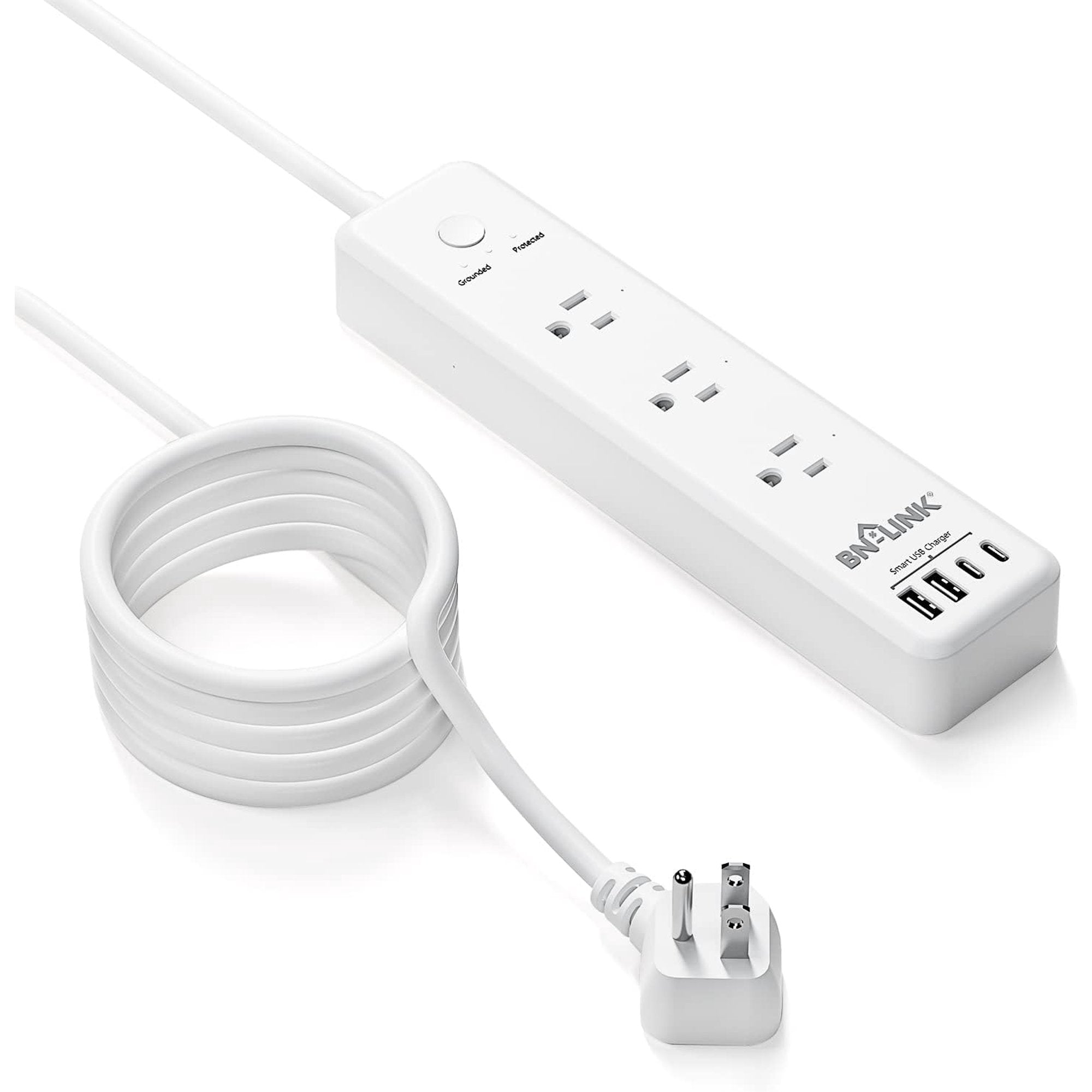 BN-LINK 1875W Surge Protected Power Strip with PD 20W Fast Charging USB-C, 5 FT Flat Plug Extension Cord, 3 Outlets & 4 USB Ports, Overload Protection, Wall Mount, for Home,Office, ETL Listed, 1200J