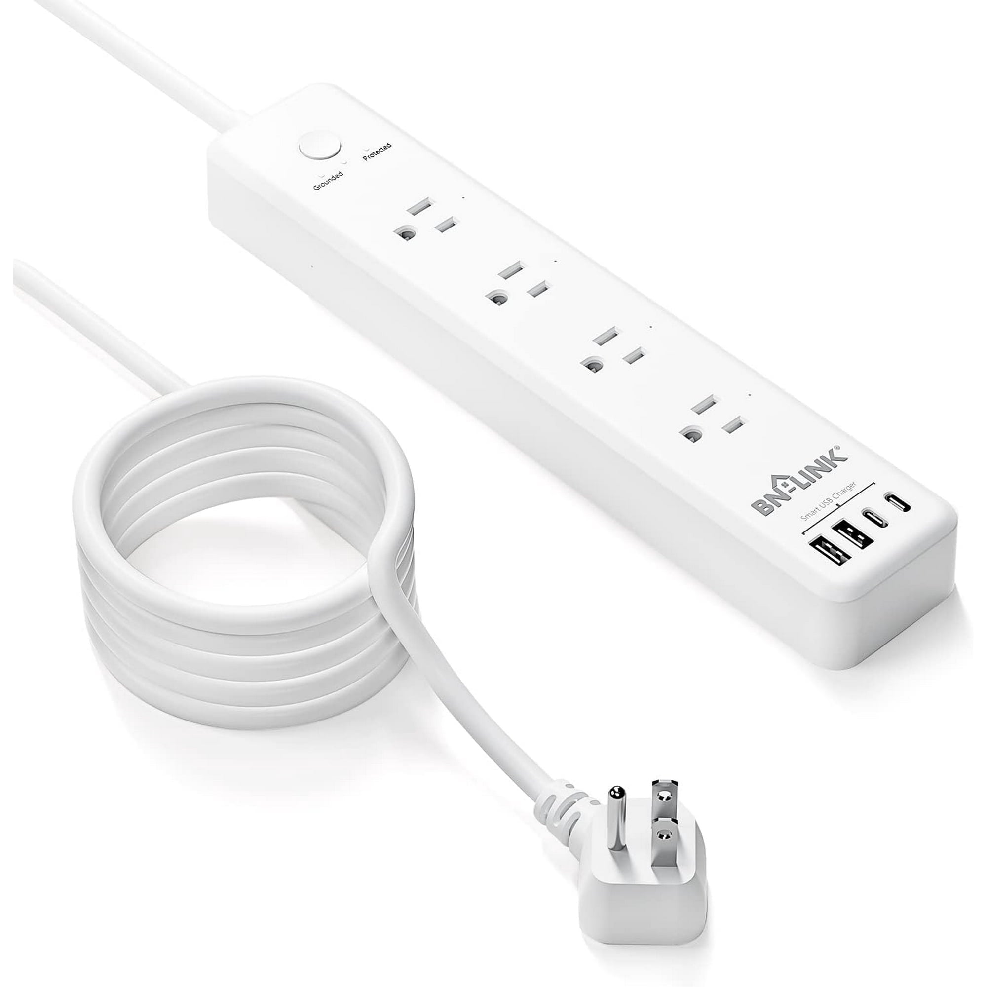 BN-LINK 1875W Surge Protected Power Strip with PD 20W Fast Charging USB-C, 5 FT Flat Plug Extension Cord, 4 Outlets & 4 USB Ports, Overload Protection, Wall Mount, for Home,Office, ETL Listed, 1200J