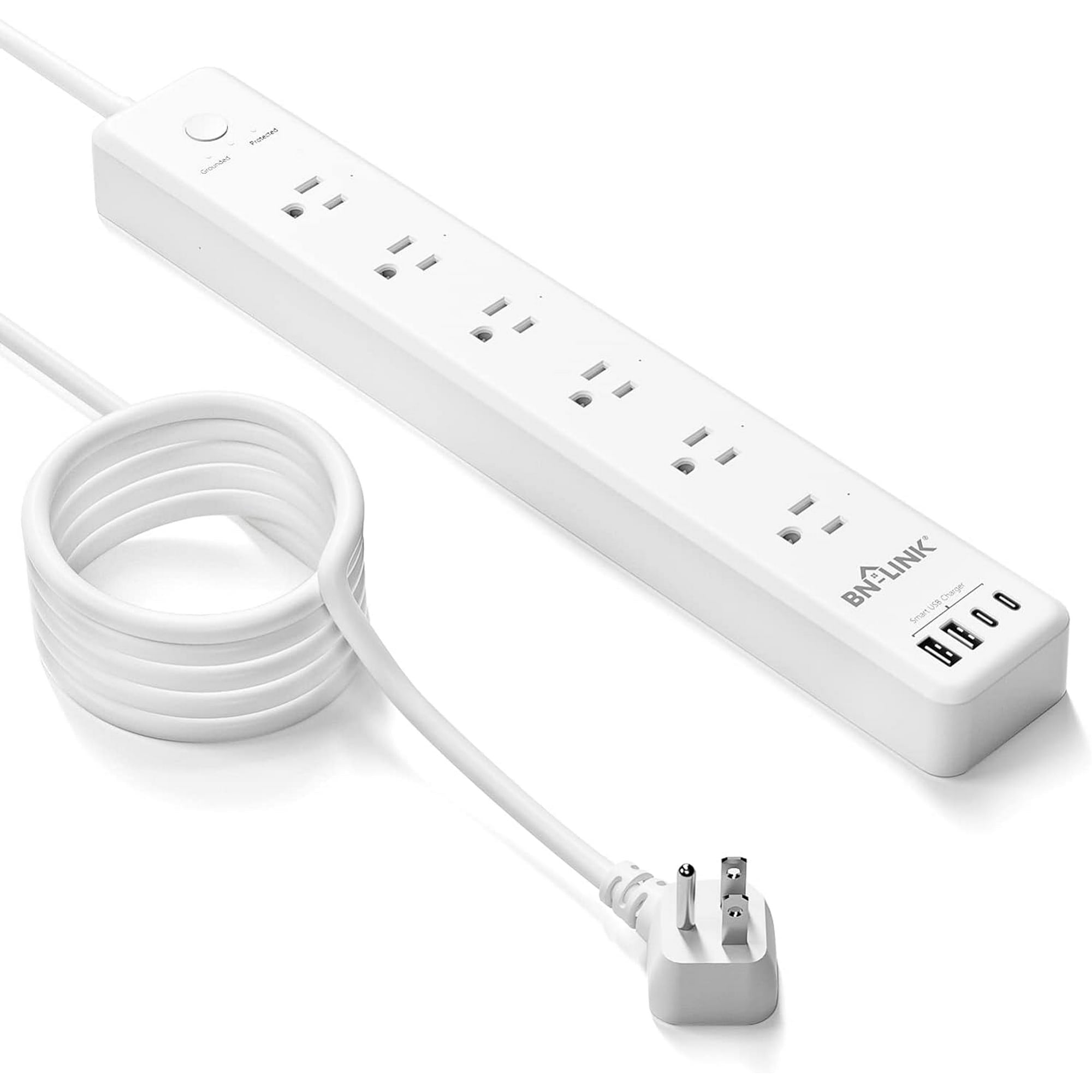 BN-LINK 1875W Surge Protected Power Strip with PD 20W Fast Charging USB-C, 5 FT Flat Plug Extension Cord, 6 Outlets & 4 USB Ports, Overload Protection, Wall Mount, for Home,Office, ETL Listed, 1200J