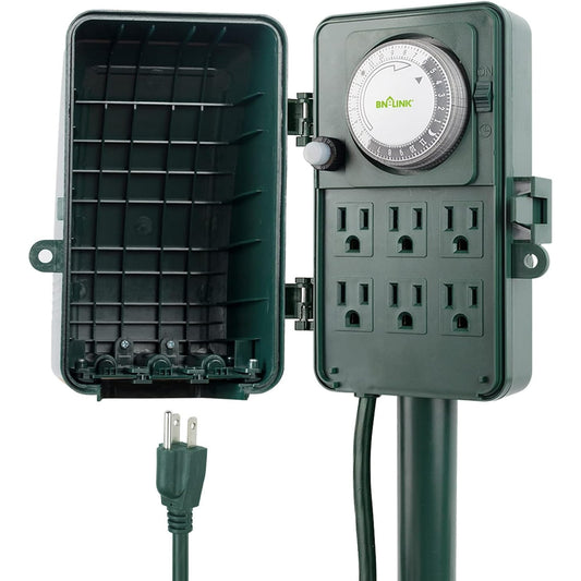 BN-LINK 24 Hour Mechanical Outdoor Multi Socket Timer, 6 Outlet Garden Power Stake with 6ft Cords, Outdoor Timers for Lights, ETL listed, 125V, 15A/1875W