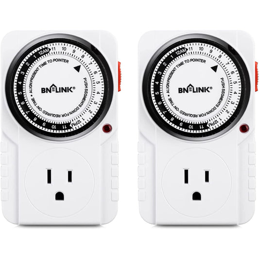 N-LINK 24 Hour Plug-in Mechanical Timer Grounded for Aquarium, Grow Light, Hydroponics, Pets, Home, Kitchen, Office, Appliances, UL Listed 125VAC, 60 Hz, 1875W, 15A, 1/2HP 2 Pack