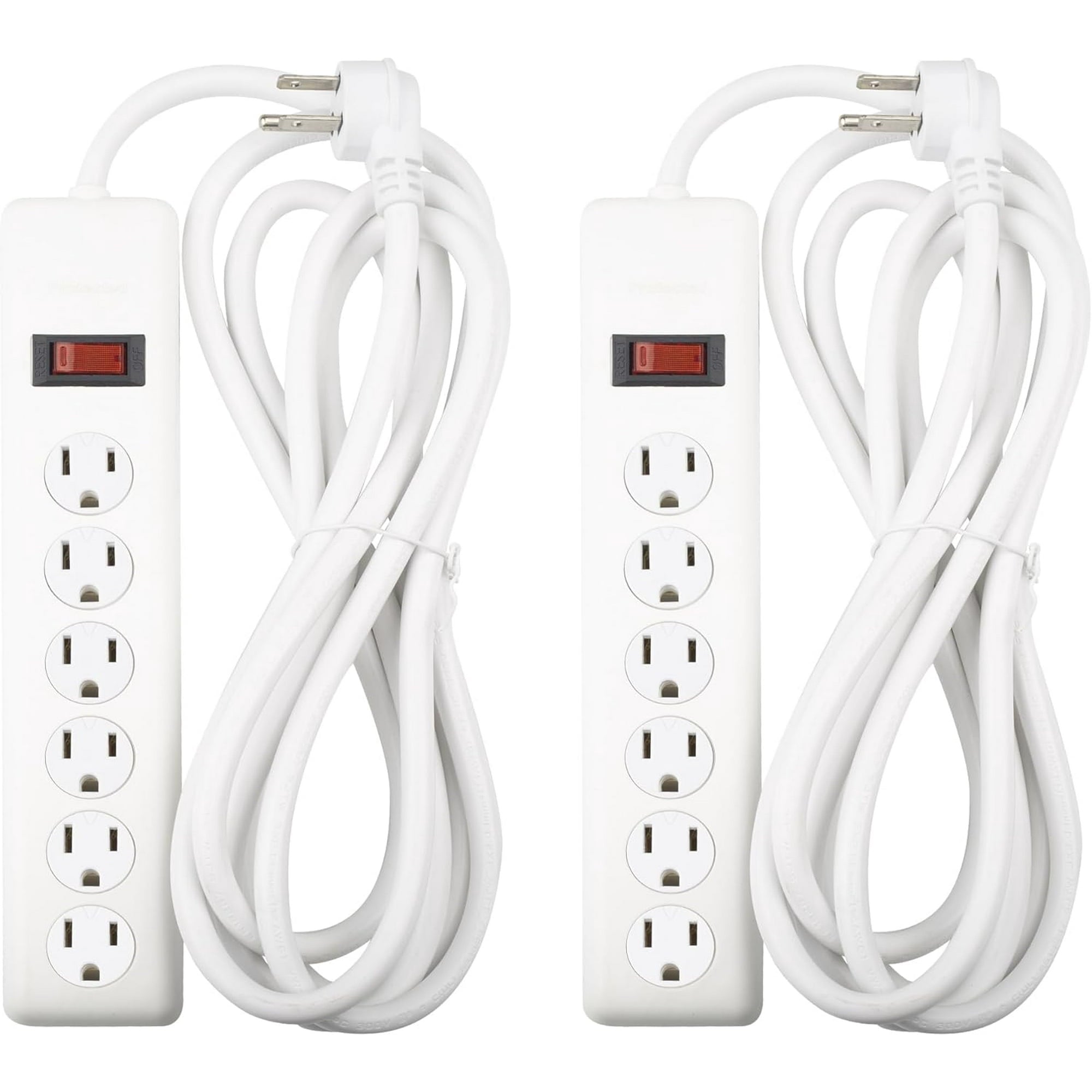 BN-LINK 6-Outlet Power Strip Surge Protector 2-Pack, 10-Foot Extension Cord, 600 Joules, Twist-to-Close Safety Covers, Flat Plug, Overload Protection, White