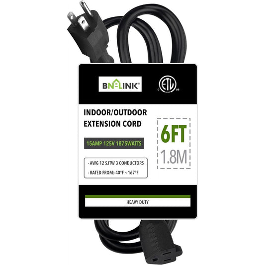 BN-LINK 6ft Outdoor Extension Cord, 12/3 SJTW Heavy Duty Power Cord, 3-Prong Grounded Plug, Weather Resistant, 15A, 1875W, Black, for Lawn, Garden, Appliances, ETL Listed