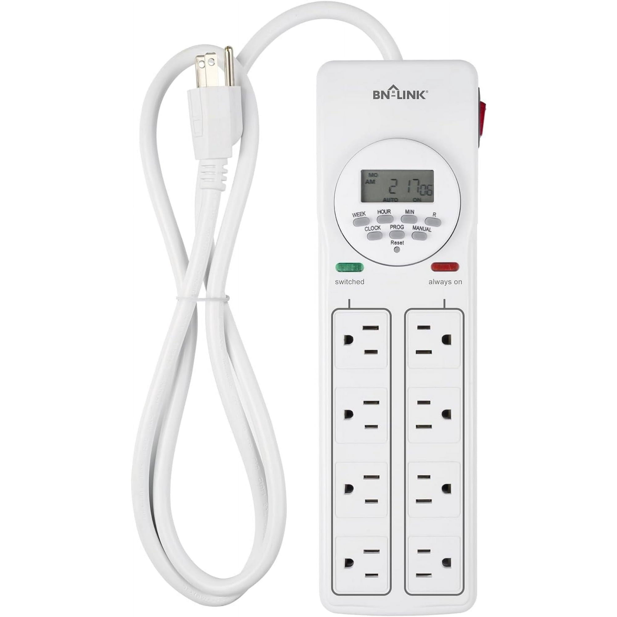 BN-LINK 8 Outlet Surge Protector with 7-Day Digital Timer (4 Outlets Timed, 4 Outlets Always On) - White