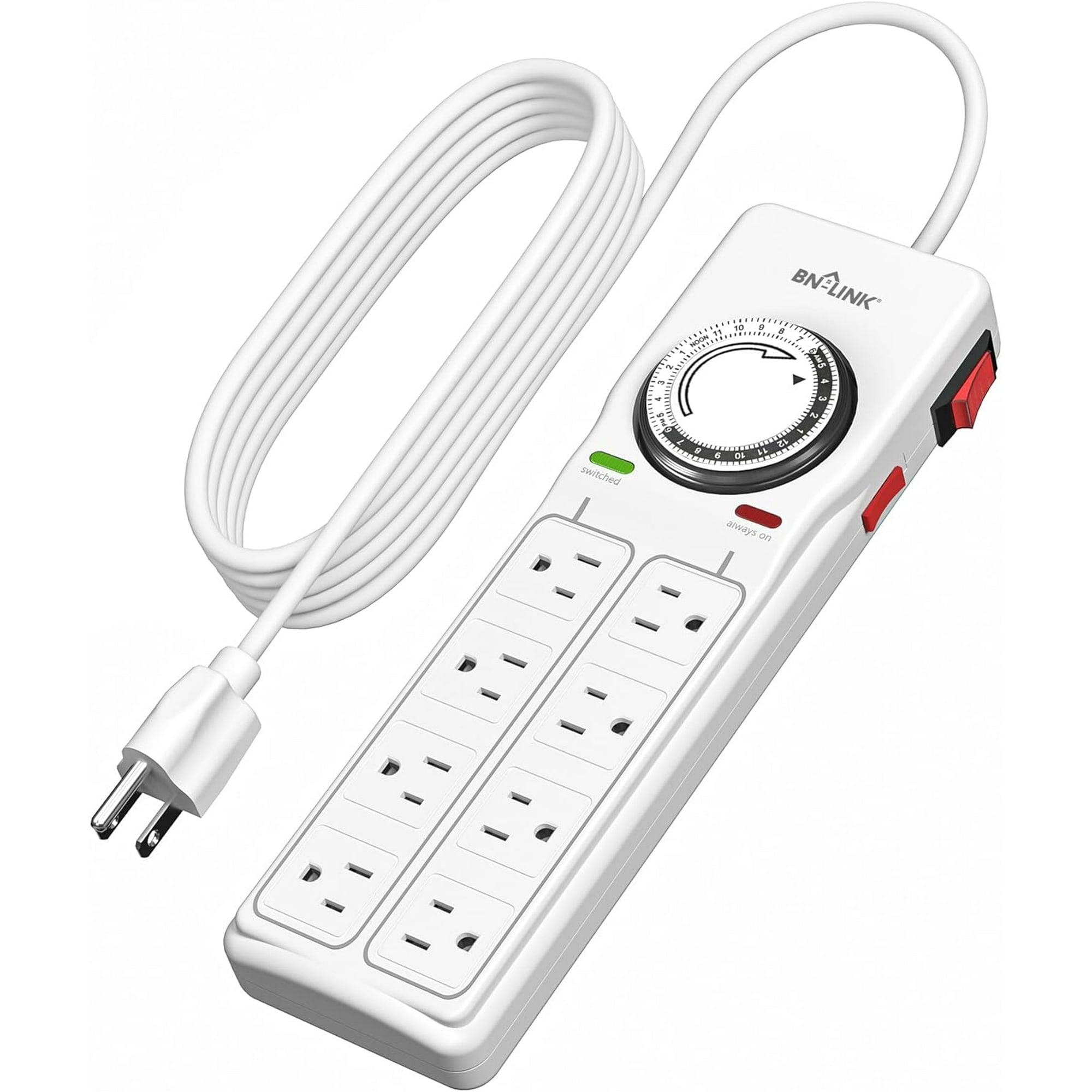 BN-LINK 8 Outlet Surge Protector with Mechanical Timer (4 Outlets Timed, 4 Outlets Always On), White