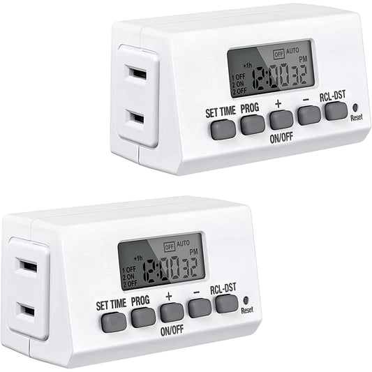 BN-LINK Digital Timer Outlet 24-Hour Programmable Digital Outlet Timer 2 Pack 2 On/Off Programs 2-Prong Mini Indoor Easy Set Stackable Plug-in for Lights Lamps Fans Accurate 8A/1000W 1/3HP