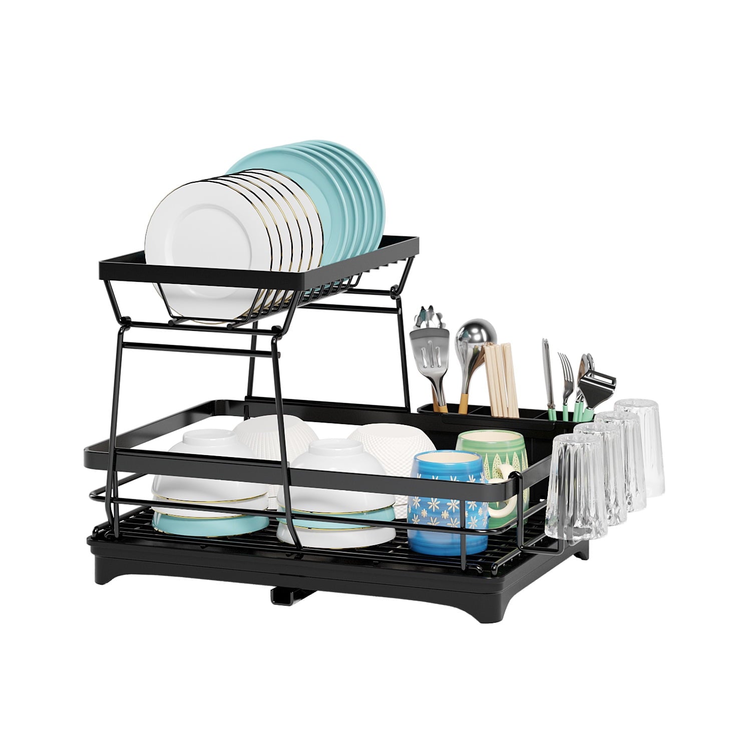 BN-LINK Dish Drying Rack, 2-Tier Dish Racks for Kitchen Counter, Dish Rack with Drainboard, Dish Drainer with Utensils Holder, for Dishes, Bowls, Cups, Knives, Forks, Black