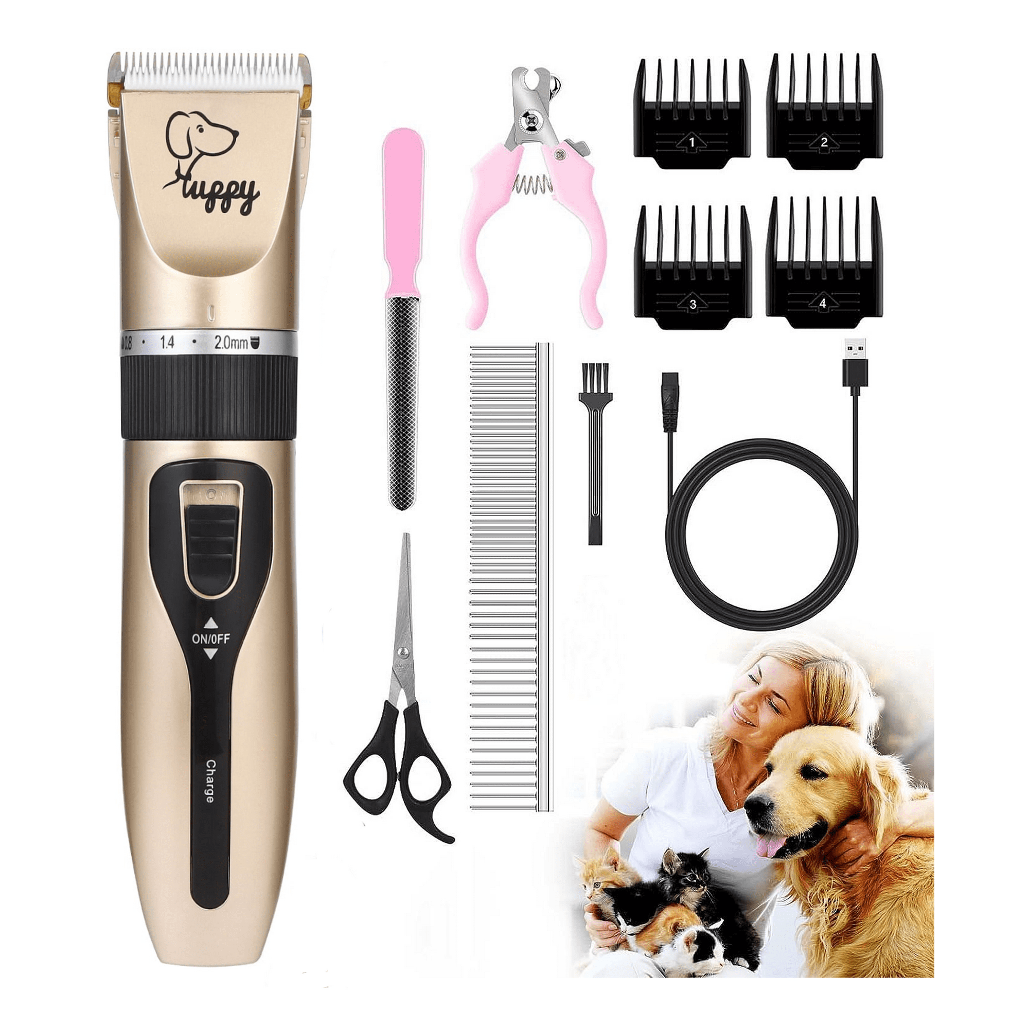 BN-LINK Dog Grooming Kit Clippers, Low Noise Rechargeable Electric Pet Hair Thick Coats Clippers Trimmers Set, Suitable for Dogs, Cats, and Other Pets (Gold)