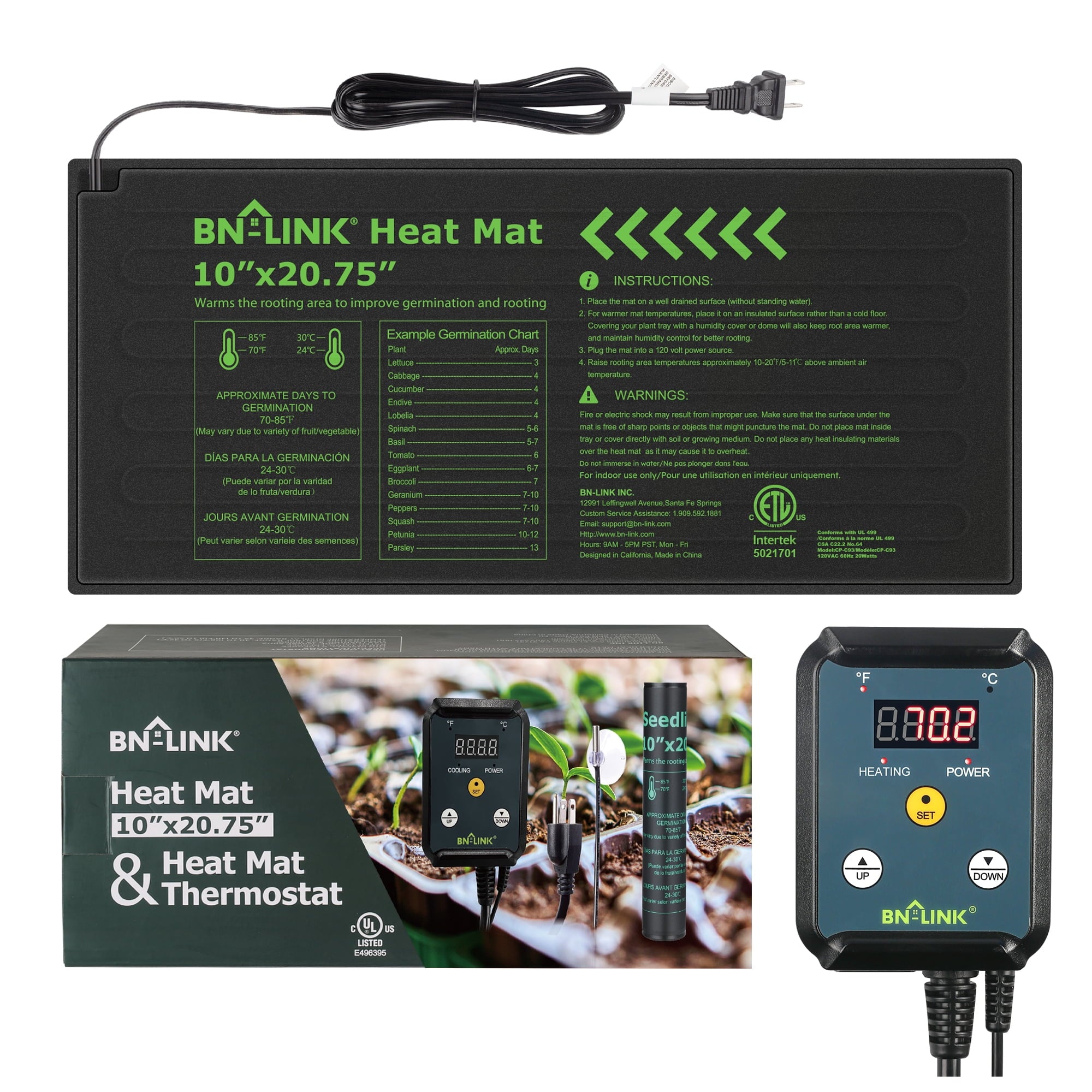 BN-LINK Durable Seedling Heat Mat Heating Pad 10" x 20.75" with Digital Thermostat Controller Combo Set Waterproof for Indoor Seed Starting and Plant Germination