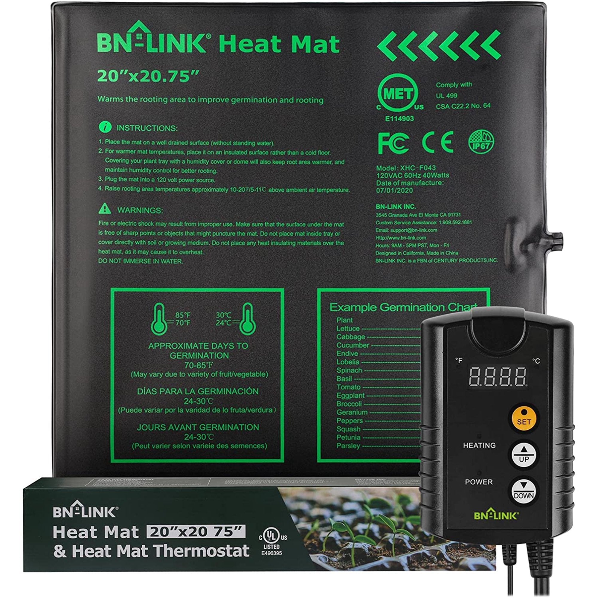 BN-LINK Durable Seedling Heat Mat Heating Pad 20" x 20.75" with Digital Thermostat Controller Combo Set Waterproof for Indoor Seed Starting and Plant Germination