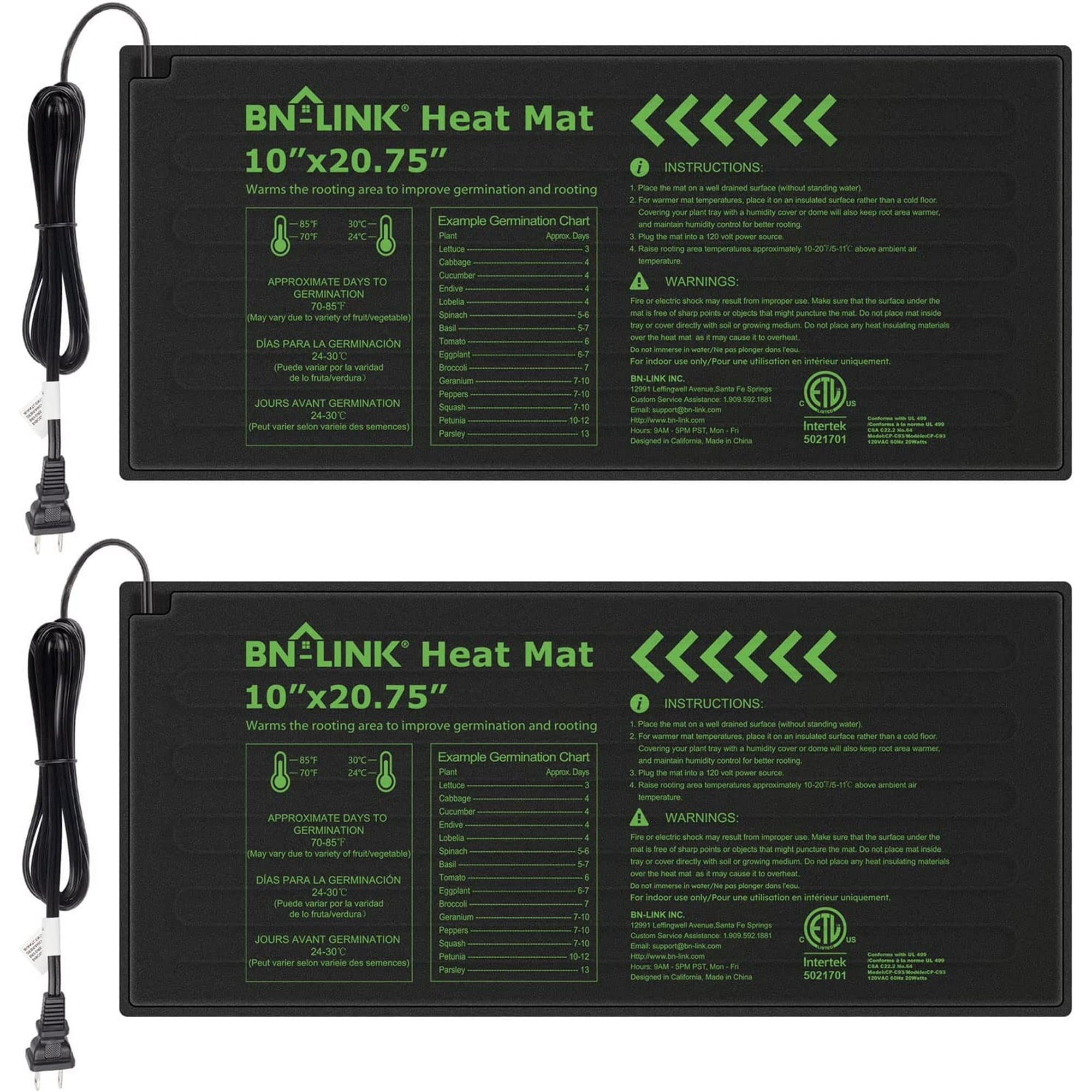 BN-LINK Durable Seedling Heat Mat Warm Hydroponic Heating Pad Waterproof 10" x 20.75" - 2 Pack for Seed Starting Greenhouse and Germination