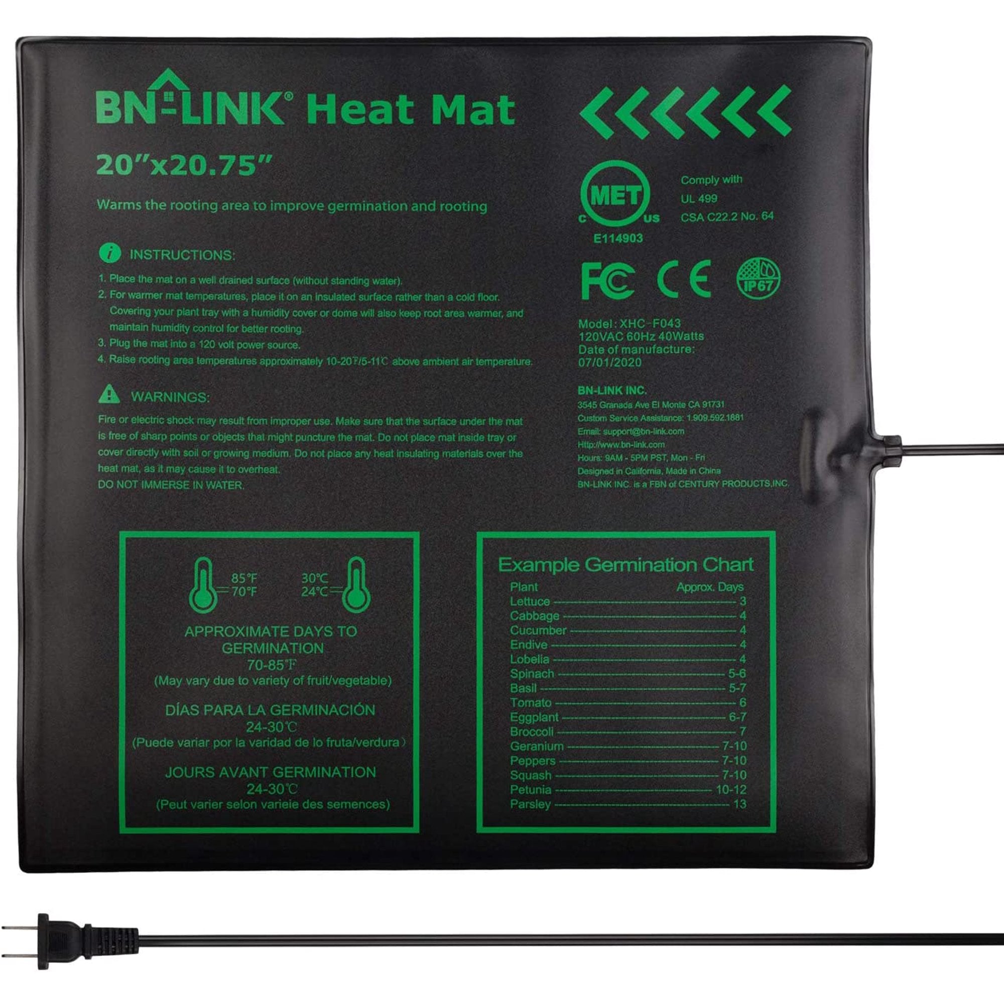 BN-LINK Durable Seedling Heat Mat Warm Hydroponic Heating Pad Waterproof 20" x 20.75" for Seed Starting Greenhouse and Germination