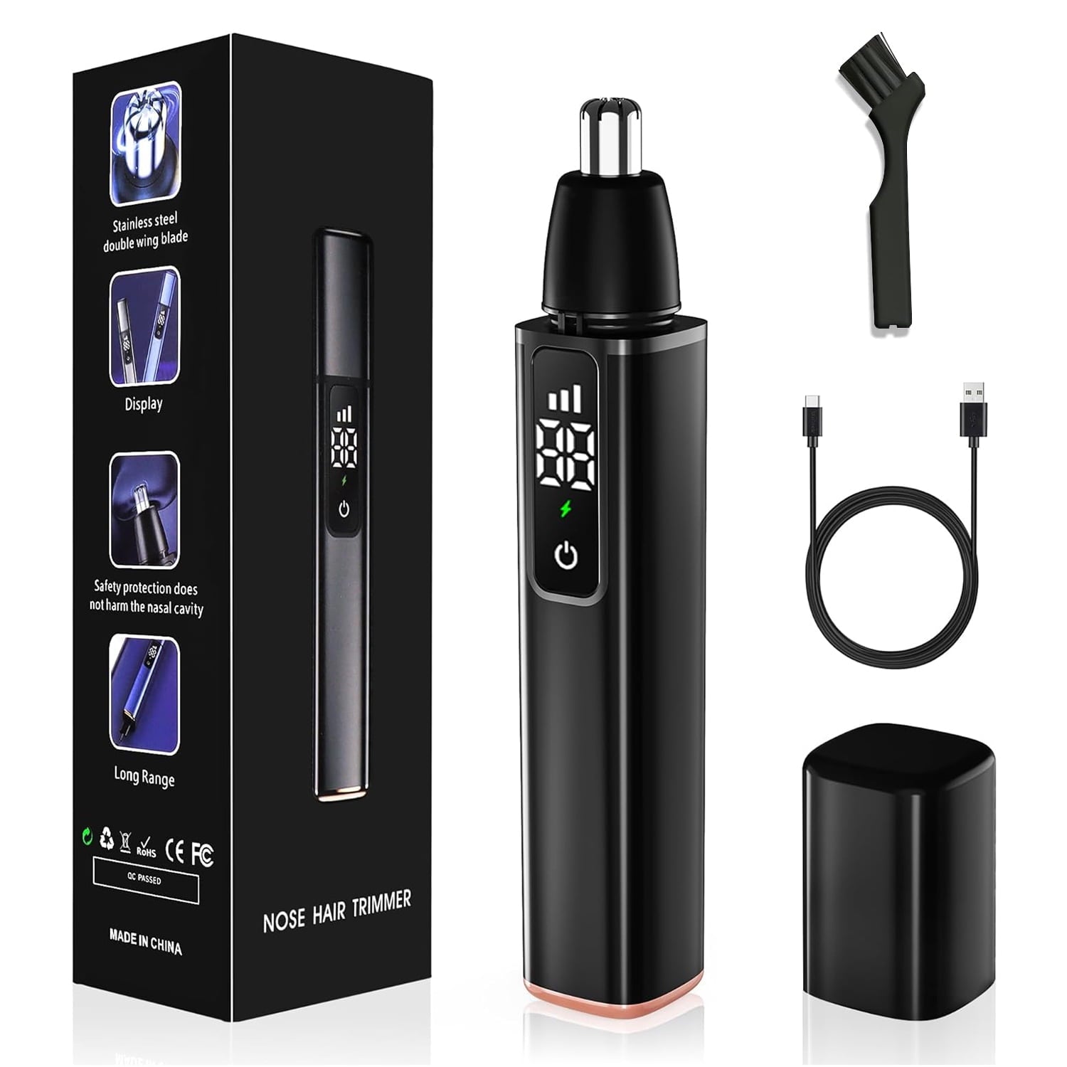 BN-LINK Ear and Nose Hair Trimmer with LCD Display, USB Rechargeable Nose Trimmer for Men Women, Lightweight Facial Hair Trimmer with Waterproof Dual Edge Blades