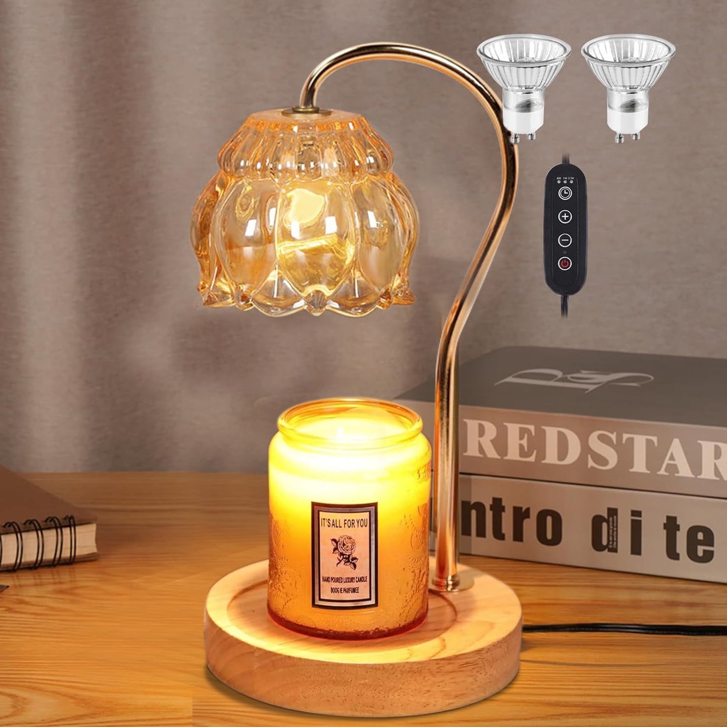 BN-LINK Fragrance Candle Warmer Lamp, Electric Flower Candle Warmer with Timer & Dimmer, Home Decor Wax Melt Warmer with 2 Bulbs, Gifts for Mom Women Friend Sister, Champagne
