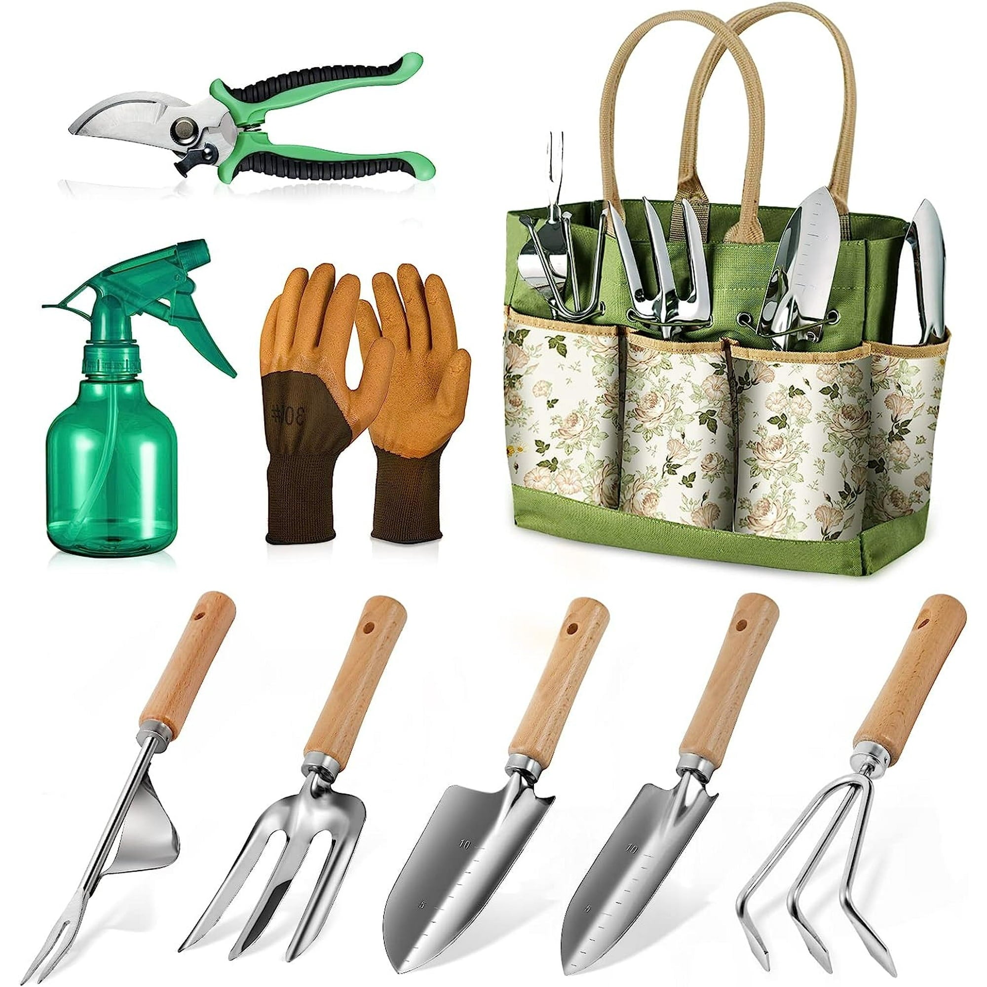 BN-LINK Garden Tool Set, 9 Piece Heavy Duty Gardening Hand Tools with Fashion and Durable Garden Tools Organizer Handbag,Rust-Proof Garden Tool Set, Ideal Gardening Gifts for Women and Men