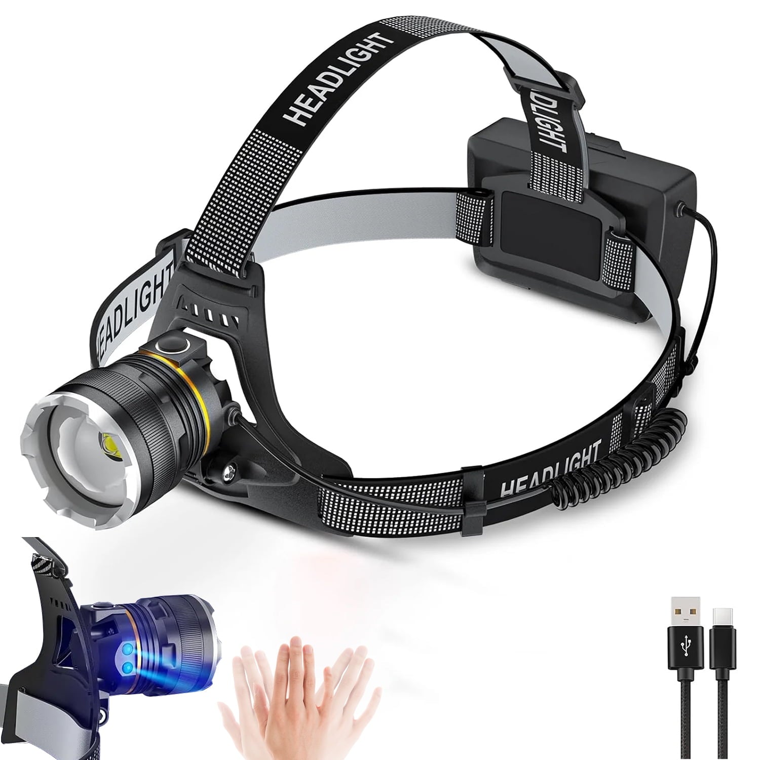 BN-LINK Headlamp Rechargeable, 1200 Lumens Super Bright LED Head Lamp, Headlight Motion Sensor & Zoomable Headlamps for Adults Camping Cycling Walking Hunting Fishing