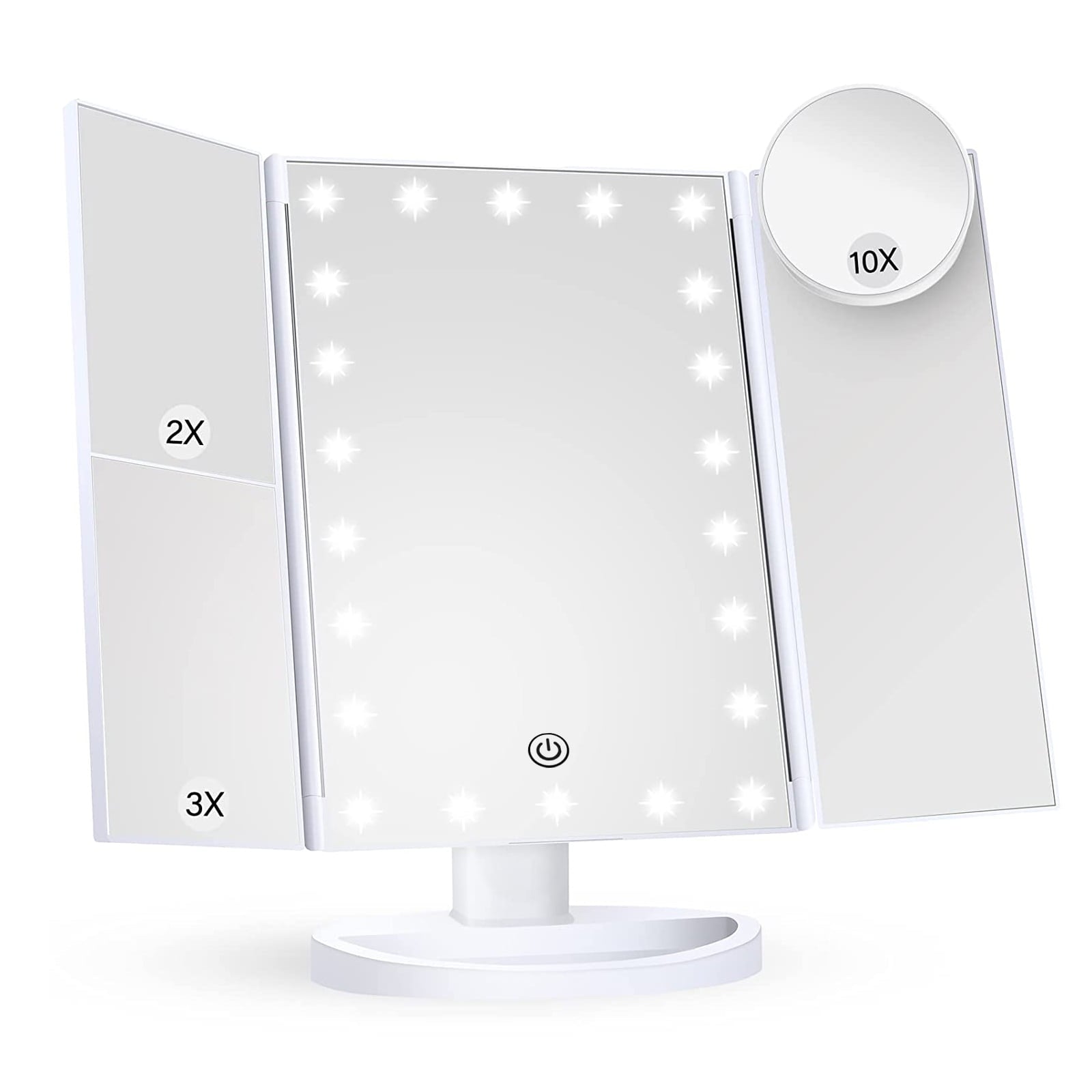 BN-LINK Makeup Mirror with Lights, 1X 2X 3X Magnification with 10x Magnifying Mirror, Lighted Makeup Mirror, Touch Control, Trifold Makeup Mirror, Portable LED Makeup Mirror, White