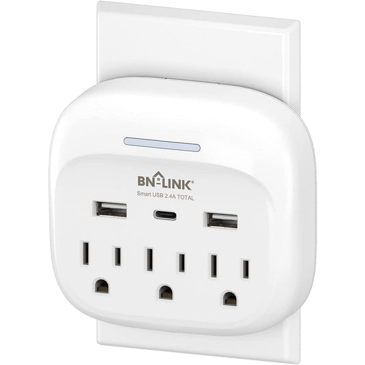 BN-LINK Multi Plug Outlet Extender With USB C, 3 Outlets Surge Protector With Type C Port Power Outlet Splitter Wall Plug 600J Charging Adapter For Home Office