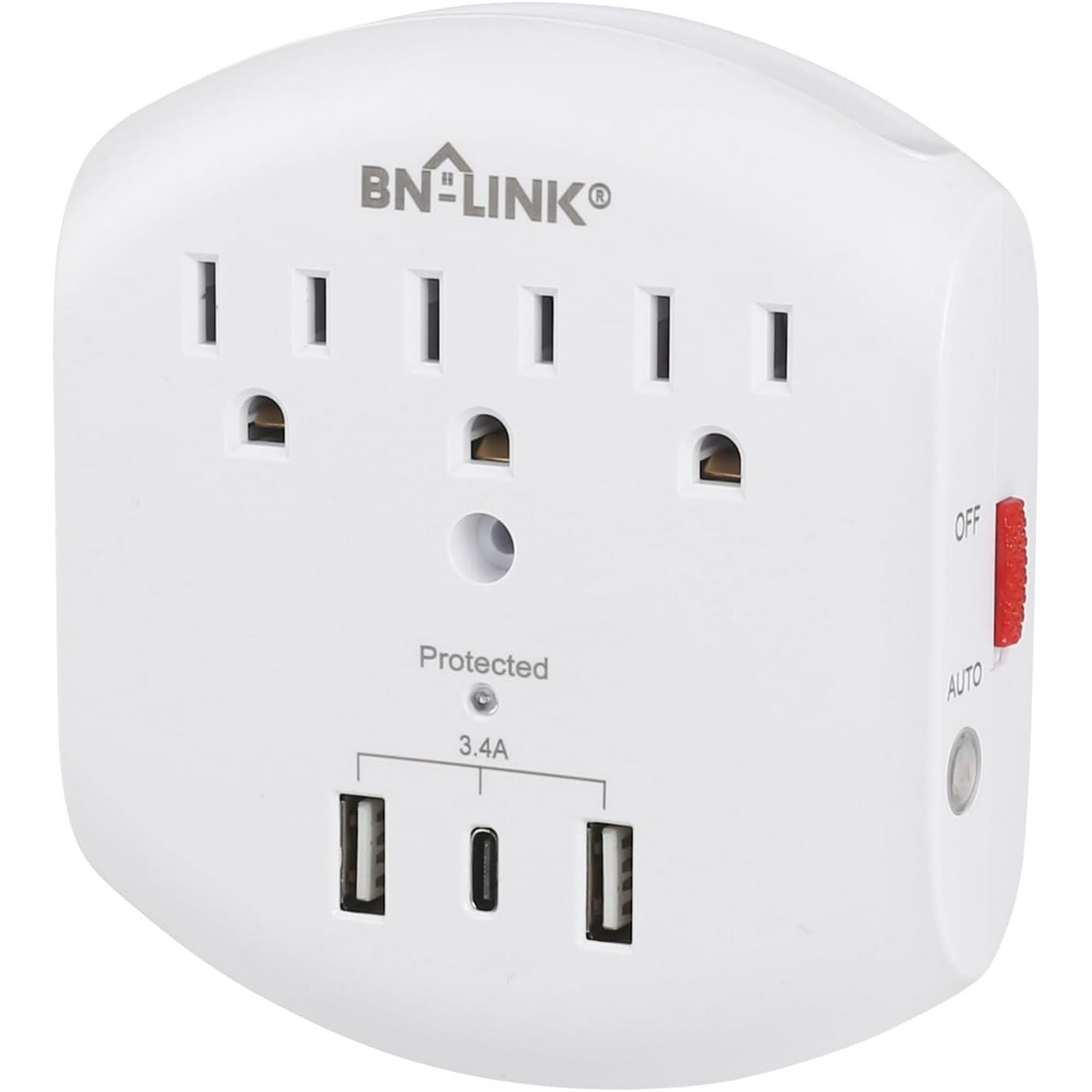 BN-LINK Multi Plug Outlet, USB Wall Charger Surge Protector with 3 Outlets, 3 USB Charging Ports(Total 3.4A) and Auto Sensor LED Night Light, Wall Plug Adapter for Traveling, Home, School, Office