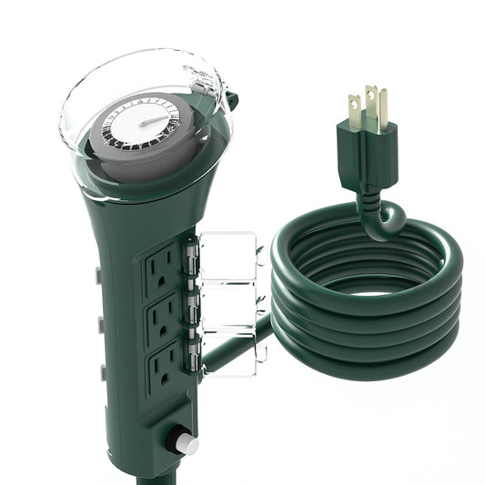 BN-LINK Outdoor Yard Stake with Mechanical Built-In Timer, 6 Grounded Outlets, 6ft Cord, Weatherproof for Outdoor Lamps Lights Ponds Christmas Lights 1875W/15A ETL Listed Green