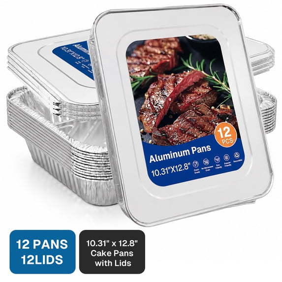 Behome 12 Pack Aluminum Pans with Lids, 10.31” x 12.8” Aluminum Baking Cake Pans, Heavy Duty Aluminum Roasting Trays for Baking, Cooking Food