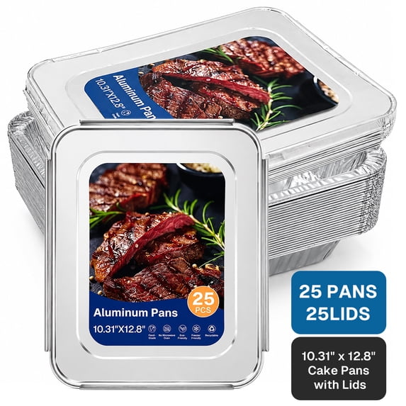 Behome 25 Pack Aluminum Pans with Lids, 10.31” x 12.8” Disposable Aluminum Baking Cake Pans, Heavy Duty Aluminum Roasting Trays for Baking, Cooking Food