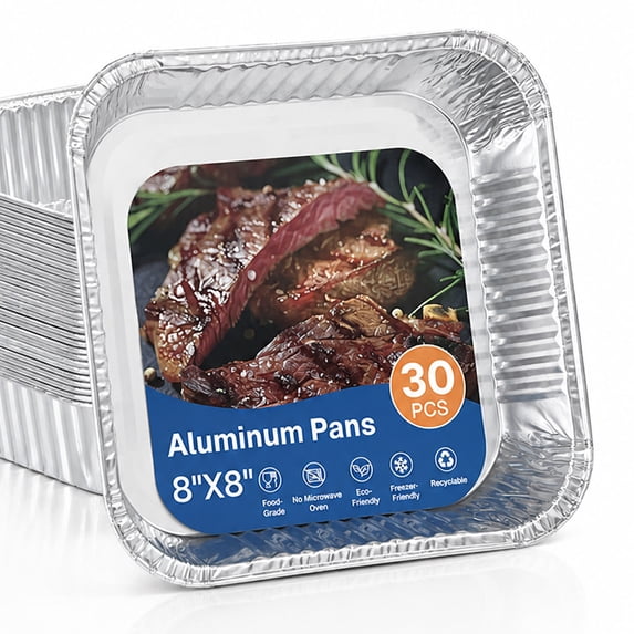 Behome 30 Pack Aluminum Pans, 8x8 Square Disposable Aluminum Baking Cake Pans, Heavy Duty Aluminum Roasting Trays for Baking, Cooking Food