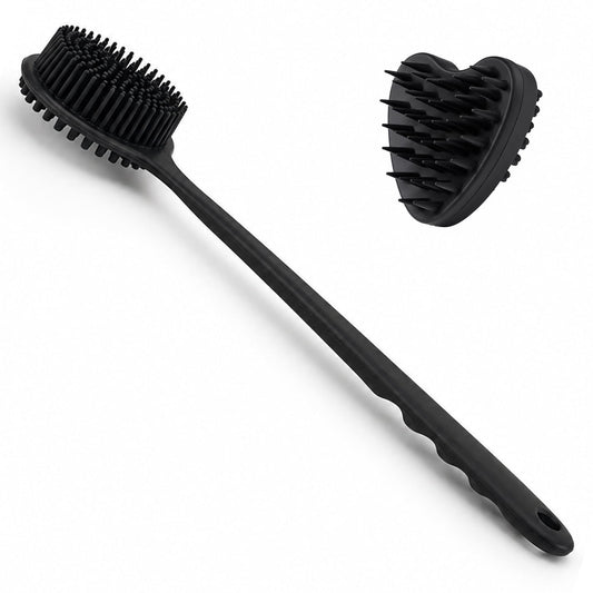 Behome Back Scrubber for Shower & Heart-shaped Shampoo Brush, Anti Slip Long Handle Bath Brush , Silicone Bath Accessory for Men & Women (Black)