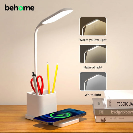Behome LED Desk Lamp with Wireless Charger & Pen Holder, Eye-Caring 3-Color Dimmable Table Lamp, Flexible Gooseneck Desk light for Home Office School, White
