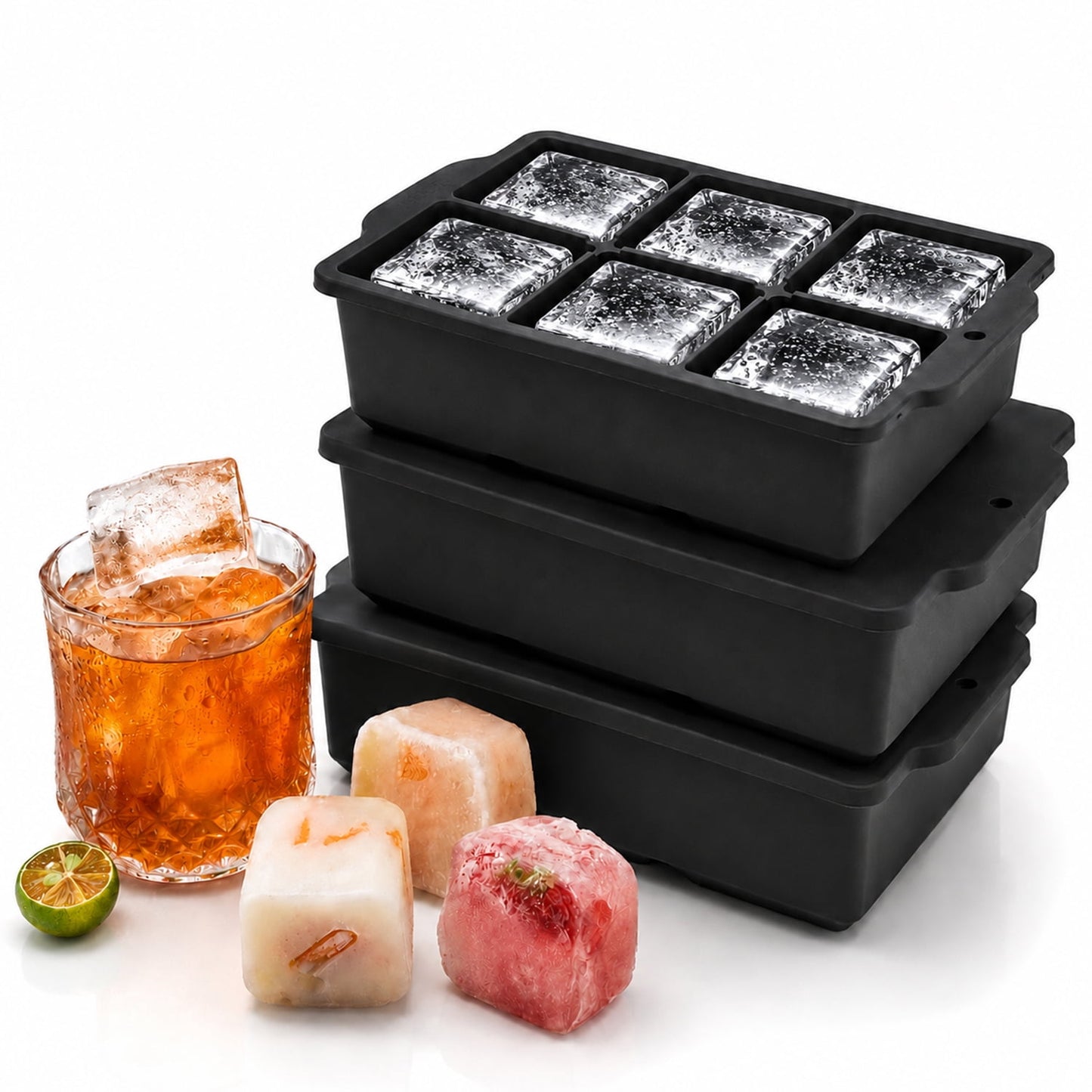 Behome 3 Pack Ice Cube Tray with Lid, 7 inch Cube Ice Trays for Cocktail Whisky, Ice Maker Tray with Lid for Freezer, Easy Release, Black