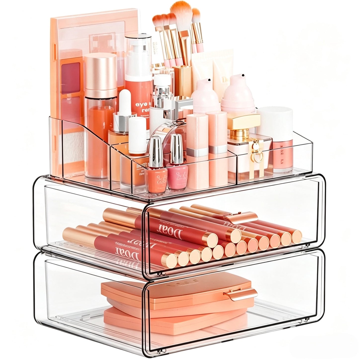 Behome 3 Tier Clear Makeup Organizer Countertop, Makeup Storage with Drawer, Cosmetic Organizer for Bathroom Vanity, Brushes, Jewelry