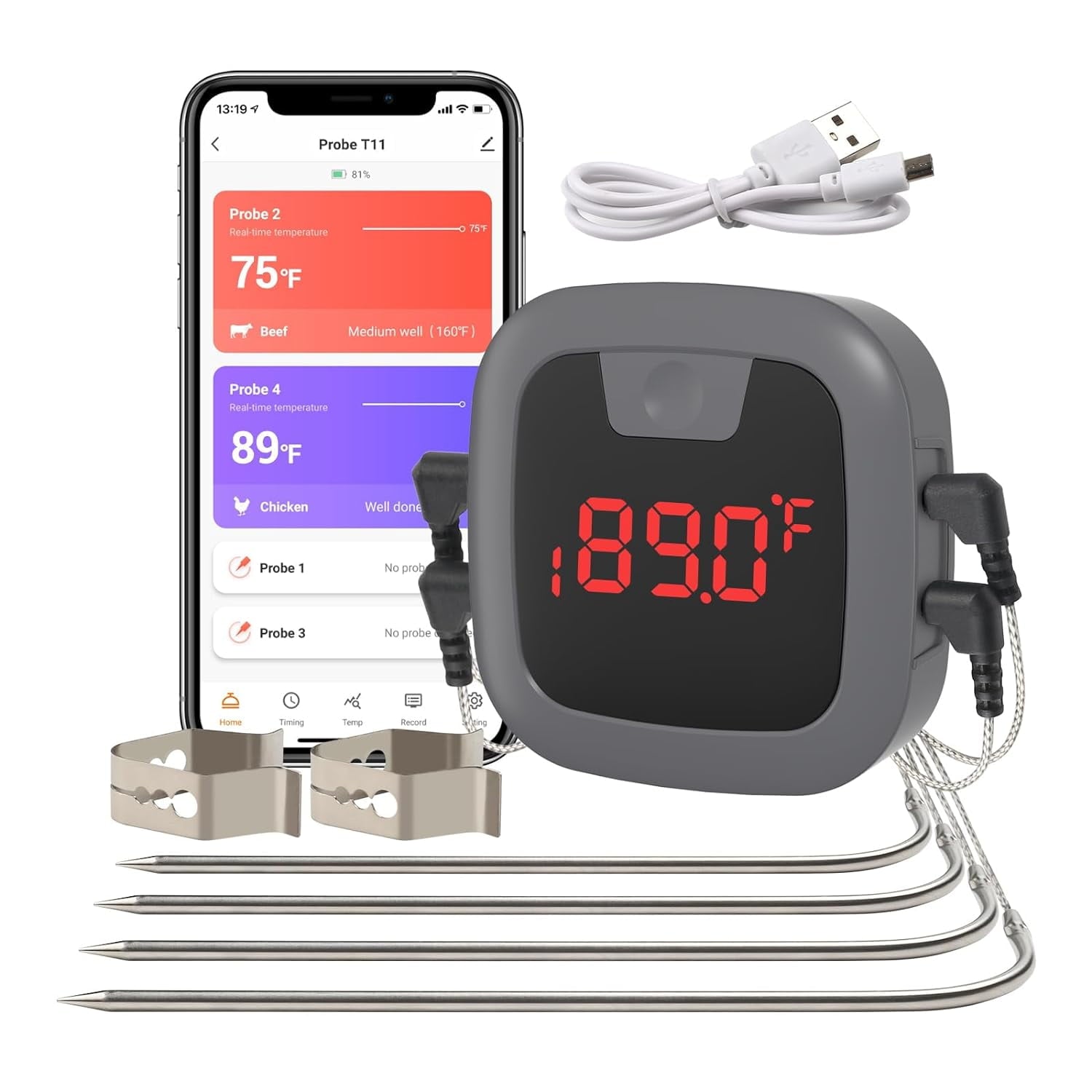 Bluetooth Meat Grill Thermometer with 4 Probes, Wireless Barbecue Cooking Thermometer with Alarm & Timer, Rechargeable BBQ Thermometer for Smoker, Oven, Kitchen