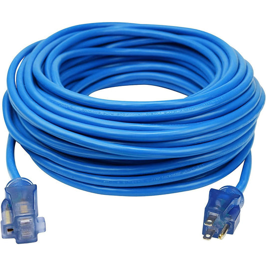 BN-LINK 100 ft Extreme Cold Weather Outdoor Extension Cord, Lighted End, 16/3 SJTW, Works Down to -50°C, Power Indicator Light, 3-Prong Grounded Plug, Blue