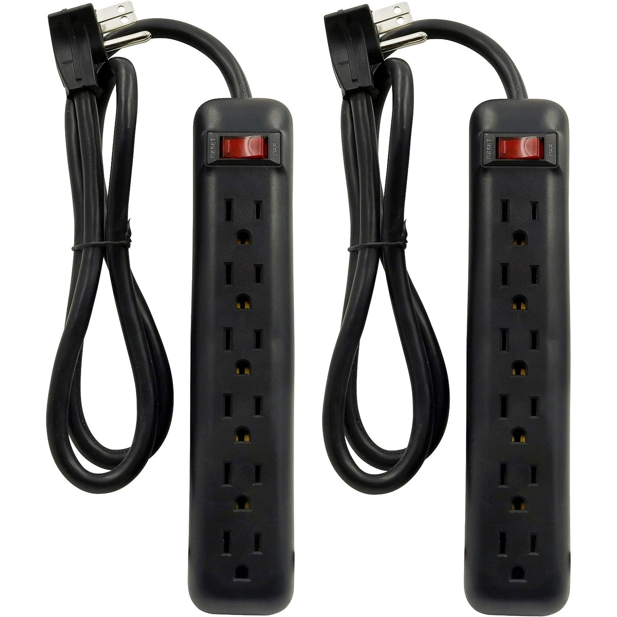 Clear Power 2-Pack 6 Outlet Power Strip, 3 ft Power Cord, Low-Profile Flat Plug, 3-Prong Grounded, Black, 15 Amp Circuit Breaker