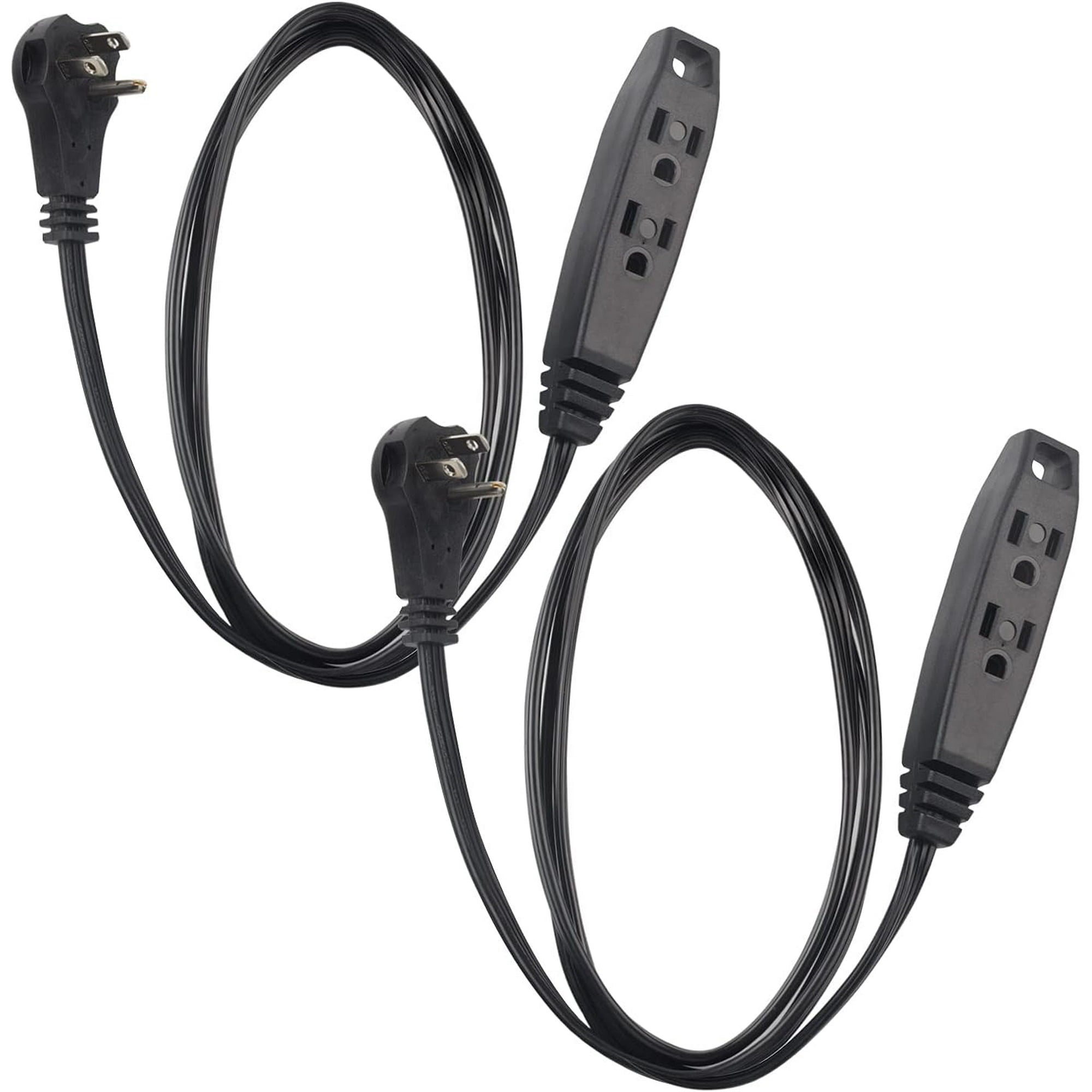 Clear Power 2-Pack 6 ft Indoor Extension Cord 3 Grounded Outlets 16/3 SPT-2, 3 Prong Low-Profile Flat Plug, Black