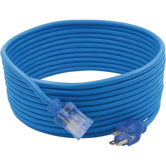 Clear Power 50 ft Extreme Cold Weather Outdoor Extension Cord, Lighted End, 16/3 SJTW, Works Down to -50°C, Power Indicator Light, 3-Prong Grounded Plug, Blue