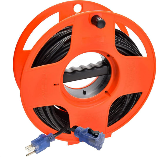 Clear Power 80ft 16/3 SJTW Black Outdoor Extension Cord & Cord Storage Wheel, 3 Prong Grounded Plug, Lighted-Locking Connector, Cord Reel w/Spin Handle
